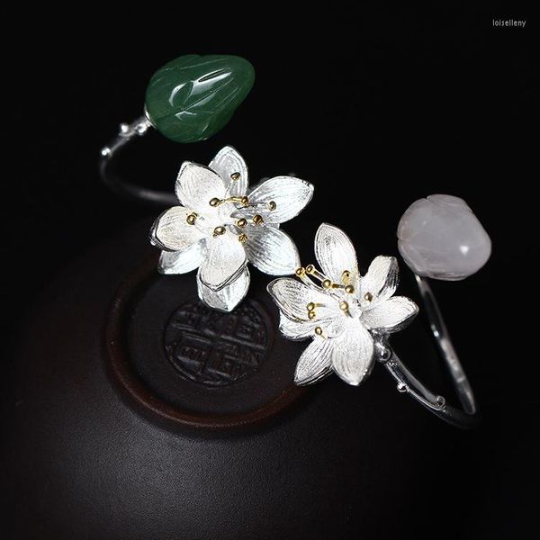 Bagues de cluster Bague S925 Sterling Silver Naturel Jade Lotus Fleur Ouverte pour Femmes Nation Style Lady Fine Bijoux