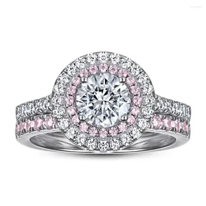 Bagues de cluster Bague Set S925 Sterling Silver pour femmes en Europe et en Amérique ronde rose zircon en gros