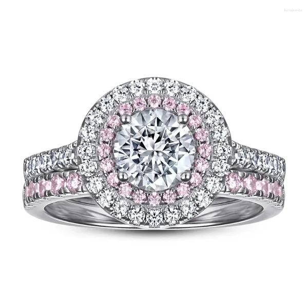 Bagues de cluster Bague Set S925 Sterling Silver pour femmes en Europe et en Amérique ronde rose zircon en gros