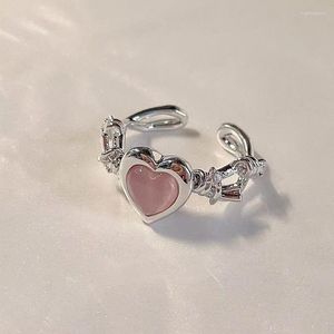 Cluster Ringen Romantische Leuke Roze Hart Ring Koreaanse Mode Vrouwen Sieraden Verstelbare Antioxidant Anillos Gift Accessoires