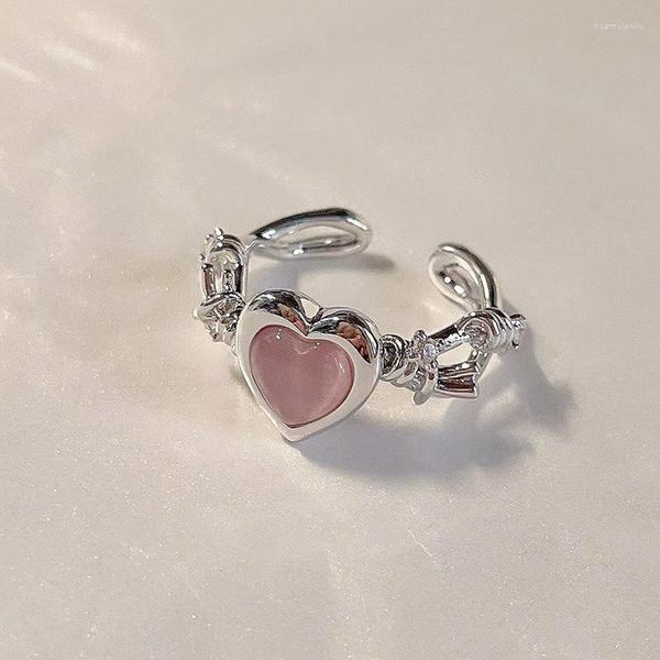 Anillos de racimo, anillo de corazón rosa bonito romántico, joyería de moda coreana para mujer, Anillos antioxidantes ajustables, accesorios de regalo