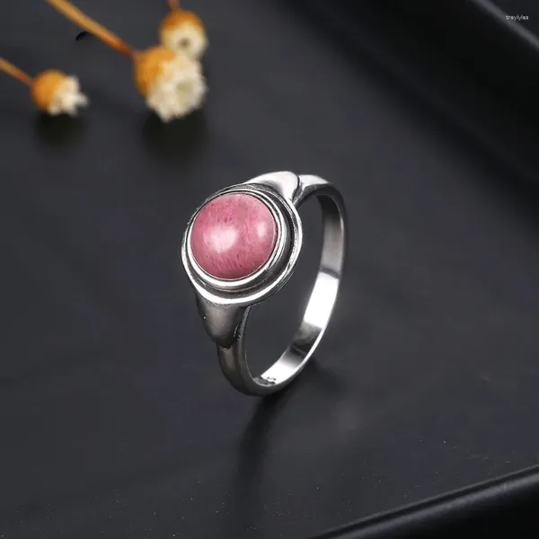 Bagues de cluster Romantique Naturel Rhodochrosite 925 Sterling Argent Luxe Mariage Fête Anniversaire Cadeau Rond Tiger Eye Rétro Bague Pour Femmes