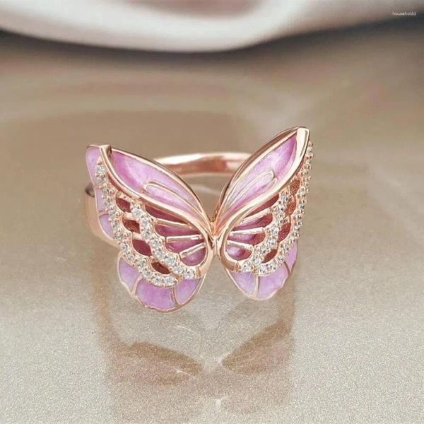 Cluster anneaux romantique rose papillon ring lady fashion rétro sweet girl fiançailles bijoux gold plaqué taille US5-11