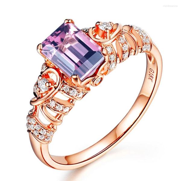 Anillos de racimo de oro rosa rubí amatista anillo de piedras preciosas para mujeres rojo púrpura cristal piedra circón diamantes fiesta joyería de lujo banda de boda