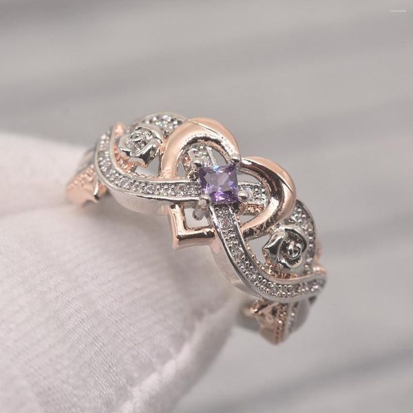 Anillos de racimo Rose Princess Diamond Ring Europeo y americano Oro en forma de corazón Zircon de dos colores