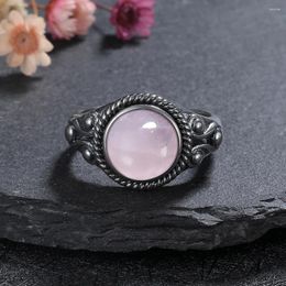 Cluster Anneaux Round 10 mm Natural Labradorite Rose Quartz pour les femmes 925 Gift Sterling Silver vintage Retro Retro Jewelry Party