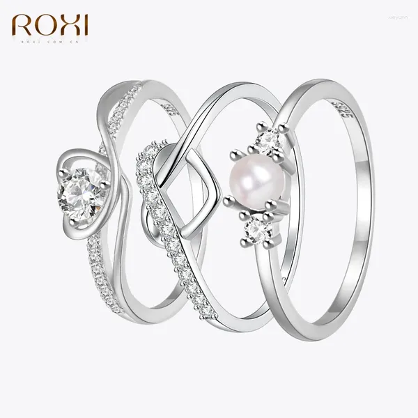 Bagues de cluster ROXI 925 Sterling Silver 18K Plaque Coeur Doigt Pour Femmes Dames Taille 6/7/8 Perle De Noce Fine Bijoux Cadeaux