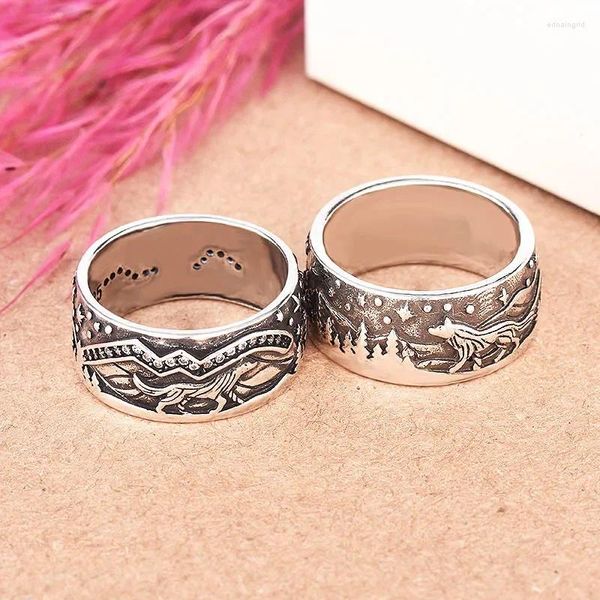 Anillos de clúster S'rborder Wish Selling Loyal Wolf Couple Ring con S925 S925 Europa y Americana Vintage Thai Silver