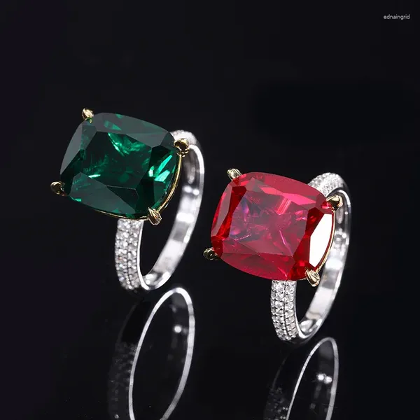 Anillos de clúster S925 Cuerpo completo Tiktok Tesoro de color para mujeres Tesoro esmeralda Red Rectangular Anillo de joyería Piedra principal 12 14