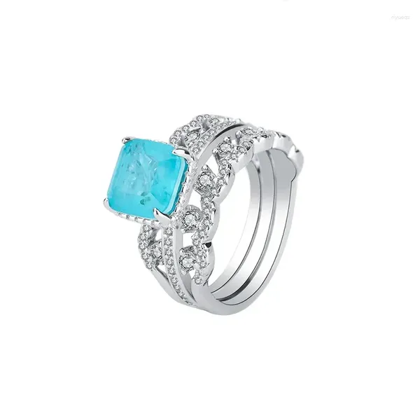 Bagues de cluster S925 Imitation Argent Trésor coloré Paraiba Bague de fiançailles fermée Trois pièces Ensemble de pierre principale 8 bijoux de mariage