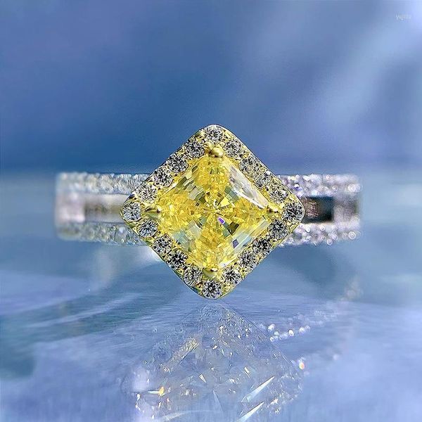 Cluster Rings S925 Silver 50 Cent Yellow Diamond Ring Luxury Surround Set Full For Women