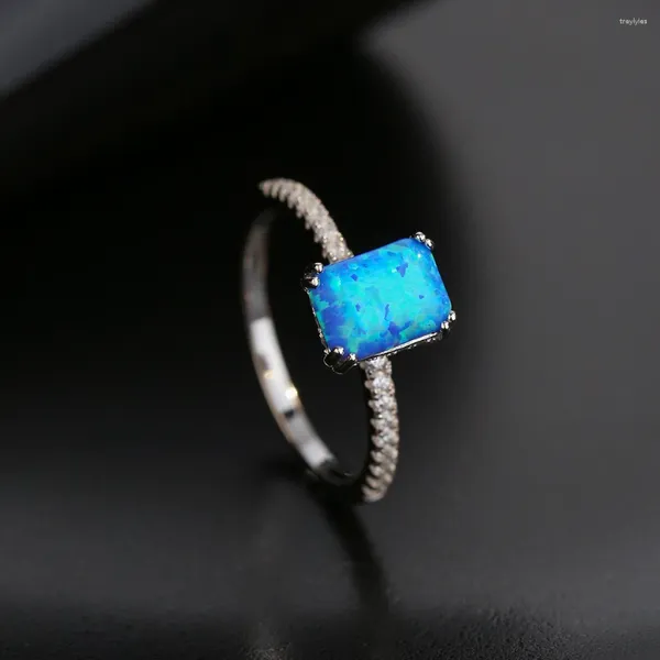 Bagues de cluster S925 Argent Bleu Opal Femmes Vintage Rectangle Gem Bague Femme Platine Plaqué Zircon Luxe Bijoux Fille Cadeau Lady Party