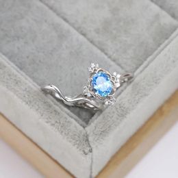 Clusterringen S925 Silver European en American Simple Blue Pa Stone Zirkon Diamond Elegant voorstel ring paar sieraden