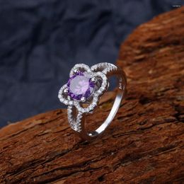 Cluster Anneaux S925 Silver Flower Femmes 7,5 mm Purple Diamond Ring Femelle Shiny 5a Zircon Retro Design Luxury Bijoux Girl Girl Gift Gift