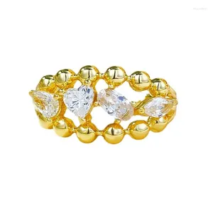 Anneaux argentés de cluster S925 avec rangée de perles de style Instagram plaqué or