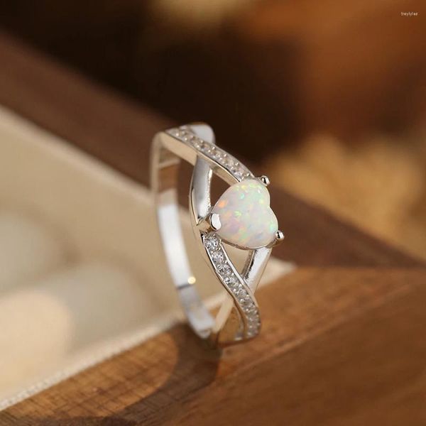 Bagues de cluster S925 Argent Blanc Opal Femmes Vintage Gem Coeur Bague Femme Platine Plaqué Zircon Luxe Bijoux Fille Cadeau Lady Party