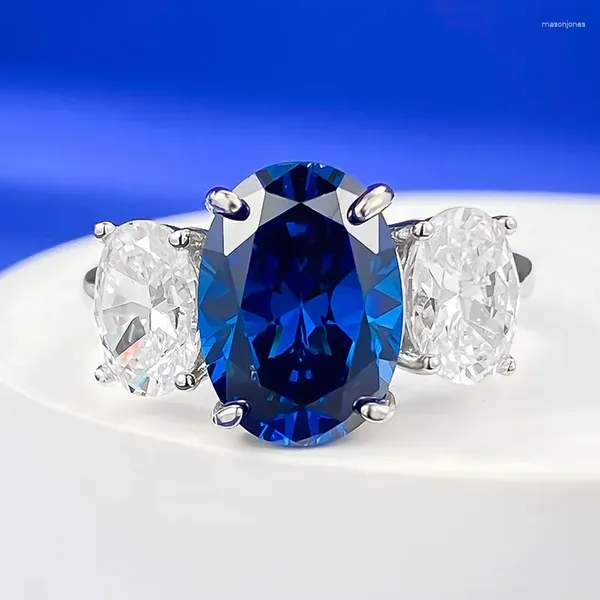 Anillos de racimo S925 STERLING SILVER 8 11 mm Royal Blue Four Claw Diamonds Anillo de compromiso de boda Joyería exquisita