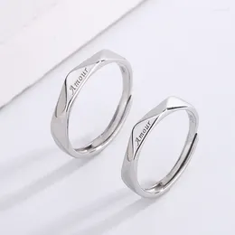 Clusterringen S925 Sterling Silver Alphabet Couple Ring - Een paar mannelijk en vrouwelijk gewone minimalistisch ontwerp open voor studenten