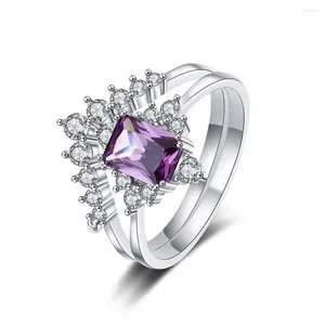 Cluster anneaux S925 Sterling Silver Amethyst Diamond Set Elegant Personality Couple Couple Ring