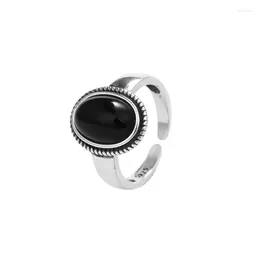 Cluster Anneaux S925 STERLING Silver Black Agate Ring Women's Thai Retro Ouverture de bijoux à main réglable