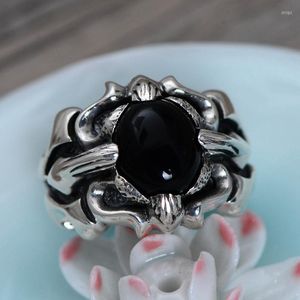 Cluster ringen S925 Sterling Silver Black Onyx Fine Patroon Vintage Old Thai Men's