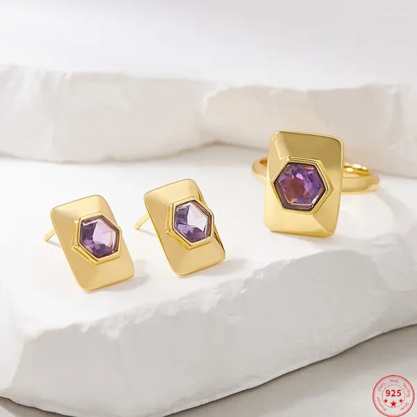 Cluster anneaux S925 Charmes en argent sterling pour les femmes Fashion Tangente Plane Amethyst Gold plaqué Goucles d'oreilles bijoux