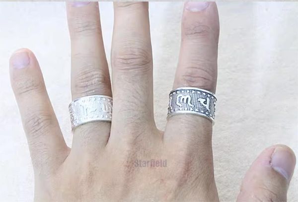 Bagues de cluster S925 Sterling Silver Face Heart Sutra Bague Hommes Ouvert Réglable Rétro Large Thai Six Mot Vérité Écriture Bijoux