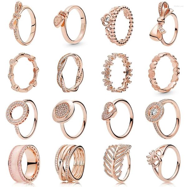 Anillos de racimo S925 Plata esterlina Mujer Corona Arco Anillo en forma de corazón Elegante Oro rosa Joyería de moda europea Regalo del día de la madre