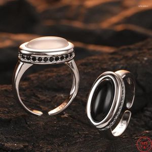 Anillos de racimo S925 plata esterlina para mujeres hombres moda oval ágata sarga patrón micro incrustado circón joyería simple