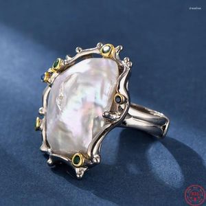 Bagues de cluster S925 Sterling Silver pour femmes Mode Baroque Perle d'eau douce Micro Inlay Zircon Abstract Exagération Bijoux