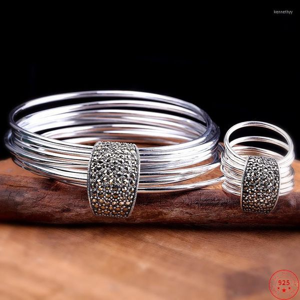 Anillos de racimo de plata de ley S925 para mujer, brazalete de marcasita brillante de varios círculos a la moda para mujer, joyería Argentum pura 2023