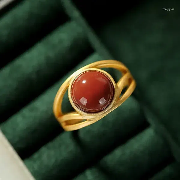 Anillos de racimo S925 plata esterlina dorada con incrustaciones de ágata roja del sur anillo ovalado joyería de mano abierta para mujer