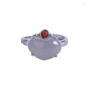 Cluster ringen S925 Sterling Silver Hetian Gray Jade Smoke Mauve Ring Retro Persoonlijkheid Peach Dames Opening Bracelet