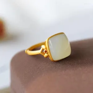 Cluster anneaux S925 Silver en argent sterling incrusté HETIAN BLAND JADE RING Simple Fashion Gold Gold Craft Gift Gift