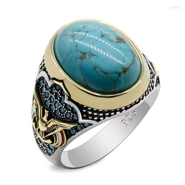 Bagues en grappe S925 en argent sterling incrusté ovale 12 16 pierre précieuse turquoise bleue naturelle bague de bijoux pour hommes de style européen