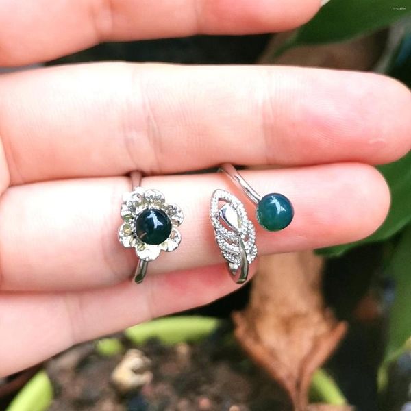 Cluster Rings S925 Sterling Silver Inlay Natural Blue Amber C Ring Style Les femmes peuvent ajuster la taille Fleur Phoenix Forme Anillos Mujer