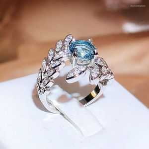 Cluster Ringen S925 Sterling Zilver Lichtblauw Saffier Open Ring Voor Vrouwen Trouwringen Veer Vorm Edelsteen Doos Vrouwtjes