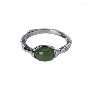 Cluster Rings S925 Sterling Silver Natural Hetian Jasper Ladies Bamboo Slub Personnalité Simple Retro Temperament Open Ring