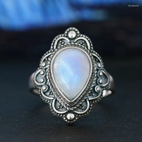 Anillos de racimo S925 Sterling Silver Natural Moonstone Lapis Anillo para mujeres Vintage Gemstone Regalo Joyería fina