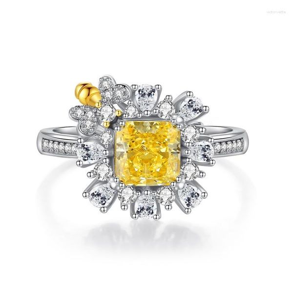 Cluster Rings S925 Sterling Silver Original Flower Cut Stone Ring Honeybee Yellow Zircon Bracelet micro-incrusté