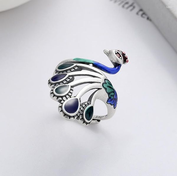 Cluster Rings S925 Sterling Silver Peacock Phoenix Pour Femmes Et Hommes Résine Naturelle Incrusté Conception À La Mode Style Vintage