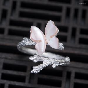 Cluster Rings S925 Sterling Silver Pink Shell Butterfly Ring Women's Branch Open Ethnic Style Art Jewelry Wholesale