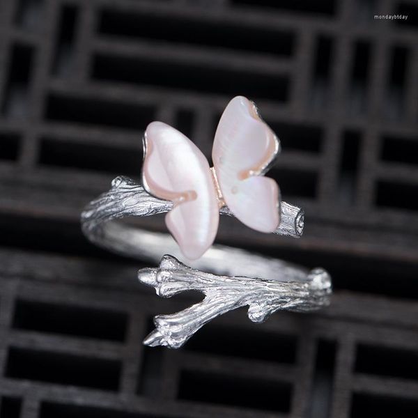 Anillos de racimo S925 plata esterlina concha rosa anillo de mariposa rama de mujer estilo étnico abierto joyería de arte al por mayor