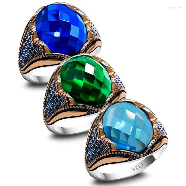 Anillos de racimo S925, anillo Retro de plata esterlina, Boutique para hombres, piedra de cristal azul generosa, joyería turca Vintage dorada para hombre