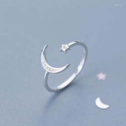 Bagues en grappe S925 Bague en argent sterling sertie de diamants Moon Star Crescent Bay Ouverture pour les femmes Fine Jewelry Réglable Ami Cadeau