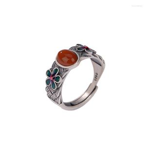 Clusterringen S925 Sterling Silver Southern Red Vintage Old Cloisonne Flower Woven Ring Temperament Plum Bloesem Open vinger