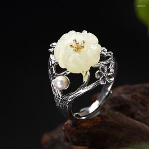 Anillos de racimo S925 plata esterlina naturaleza tailandesa Jade blanco perla natural anillo Vintage clásico ciruelo flor hoja mujeres abierto