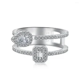 Cluster gaat S925 Sterling Silver Women's Ring met dubbele laag holle zirkoon ingelegde regendrop geometrisch ontwerp klein en veelzijdig
