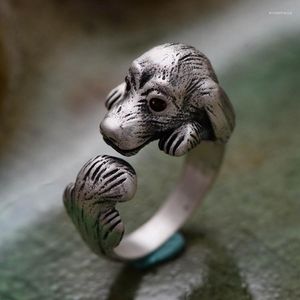 Cluster Rings S990 Silver Thai Jewelry Douze Animaux Teddy Dog Mosaic Artificielle Rouge Zircon Lady's Opening Ring.