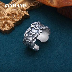 Anillos de racimo S999 Anillo de tamaño libre de plata esterlina Seis palabras Sutra Sutra Sutra Mantra Ajustable Fina Joyería Fyrng076